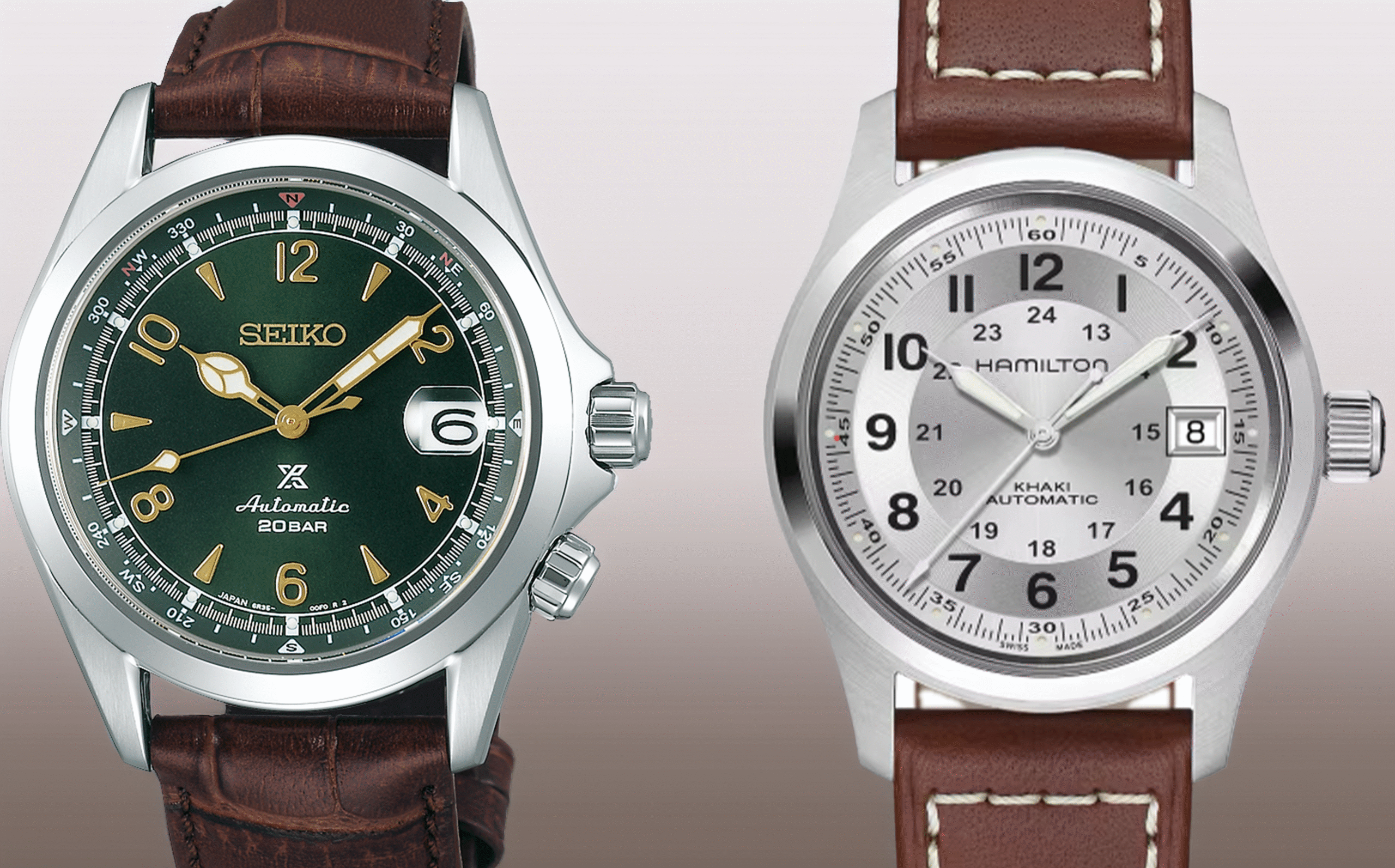 A side-by-side comparison of a green-dial Seiko Prospex Alpinist watch on a brown leather strap and a silver-dial Hamilton Khaki Field Automatic watch on a brown leather strap with white stitching
