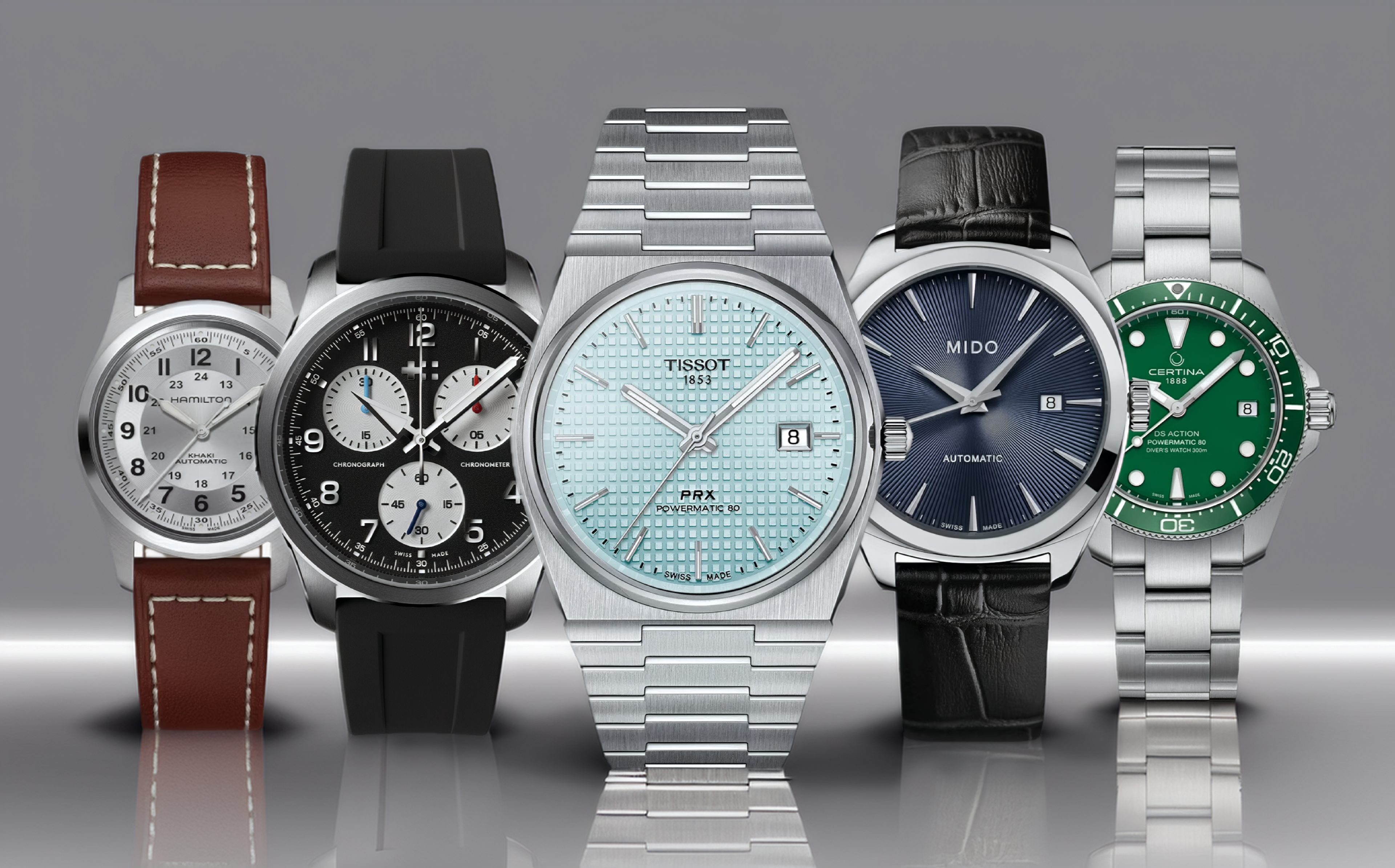 Five popular Swiss automatic watches under $1,000, including a Hamilton field watch, a Tissot PRX with an ice blue dial, a Mido dress watch, and a Certina dive watch.