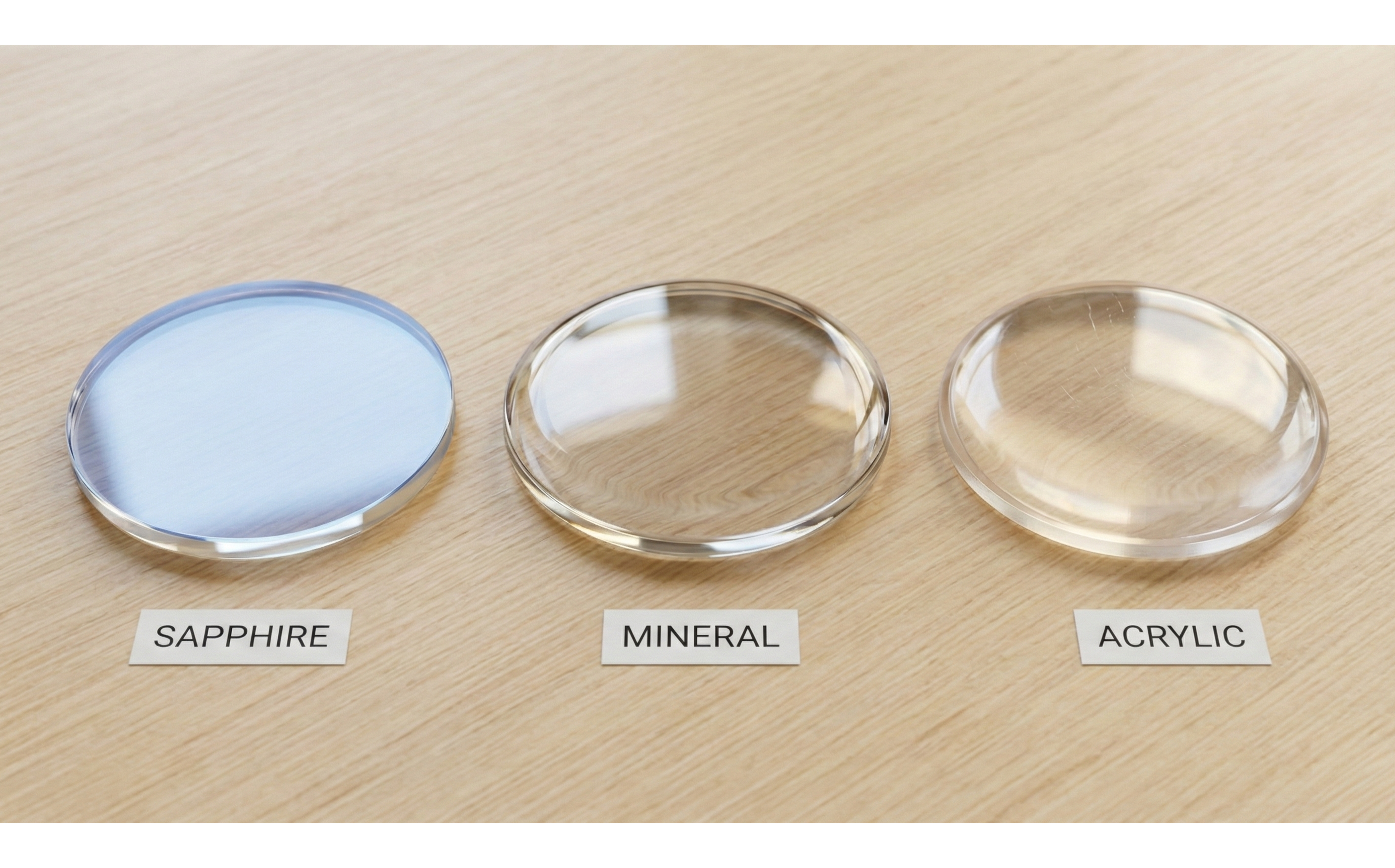 A side-by-side comparison of three round watch crystals lying flat on a wooden surface, labeled from left to right: Sapphire, Mineral, and Acrylic.