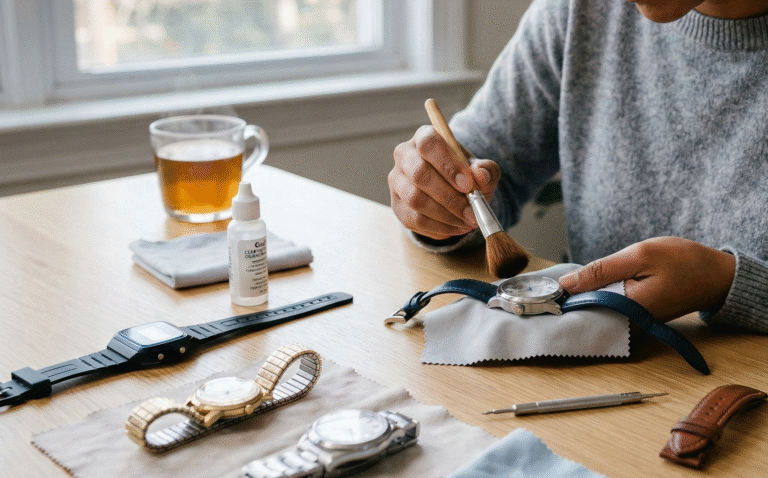 A person’s hands using a soft brush to carefully clean a stainless steel wristwatch on a grey polishing cloth, with other vintage and modern watches and cleaning tools on a wooden table.